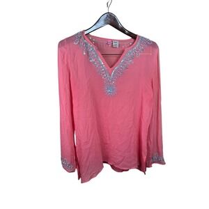 ITSU Silk Chiffon Tunic Top Women 6 Pink Beaded Long Sleeves V Neck Sheer‎